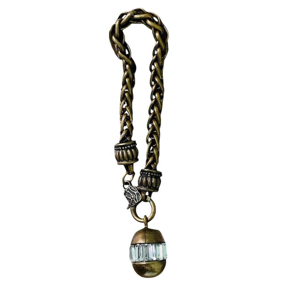 Antique Brass-Tone Chain Bracelet with Light Aqua Crystal Charm